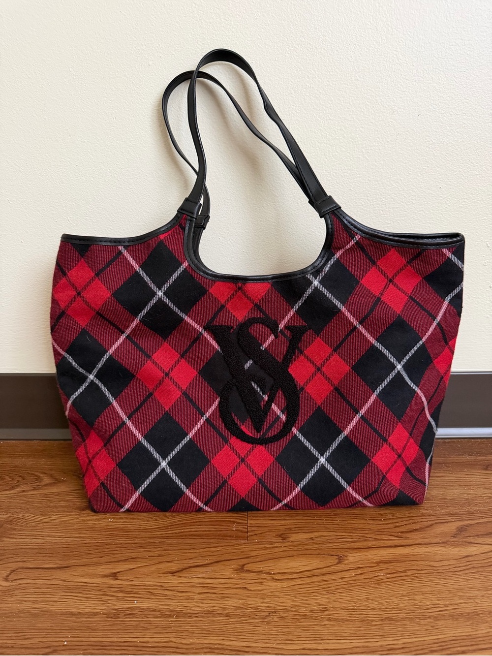 Victoria's Secret Red and Black Plaid Tote with Monogram